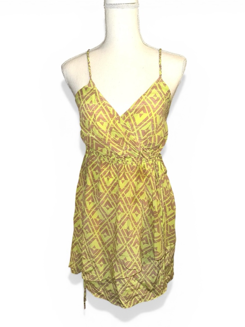 Rebecca Taylor Silk Mini dress, braided straps, drawstring ties, neon green